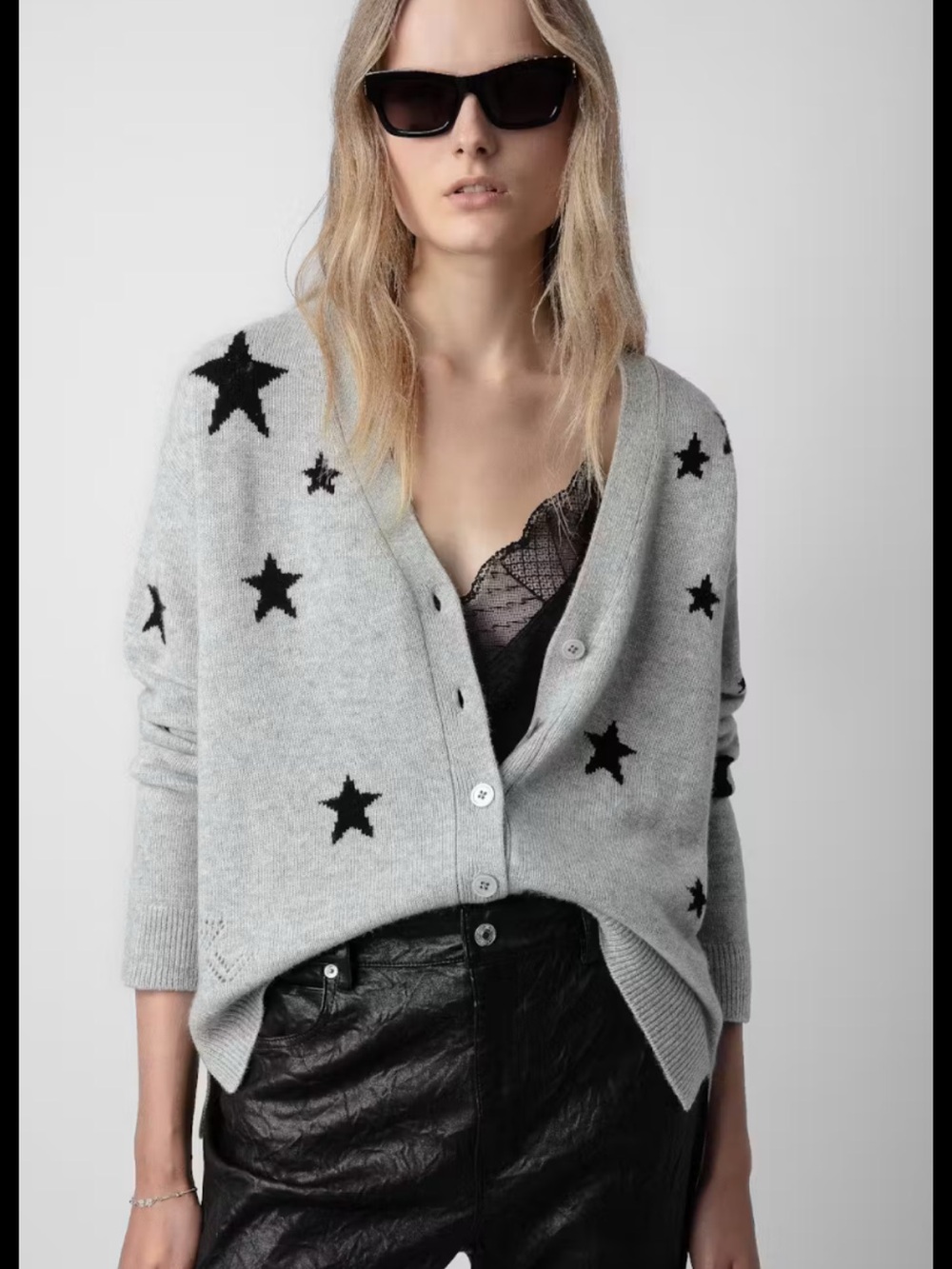 Zadig & Voltaire Gray Cashmere Sweater Cardigan with Black Mirka Stars size S